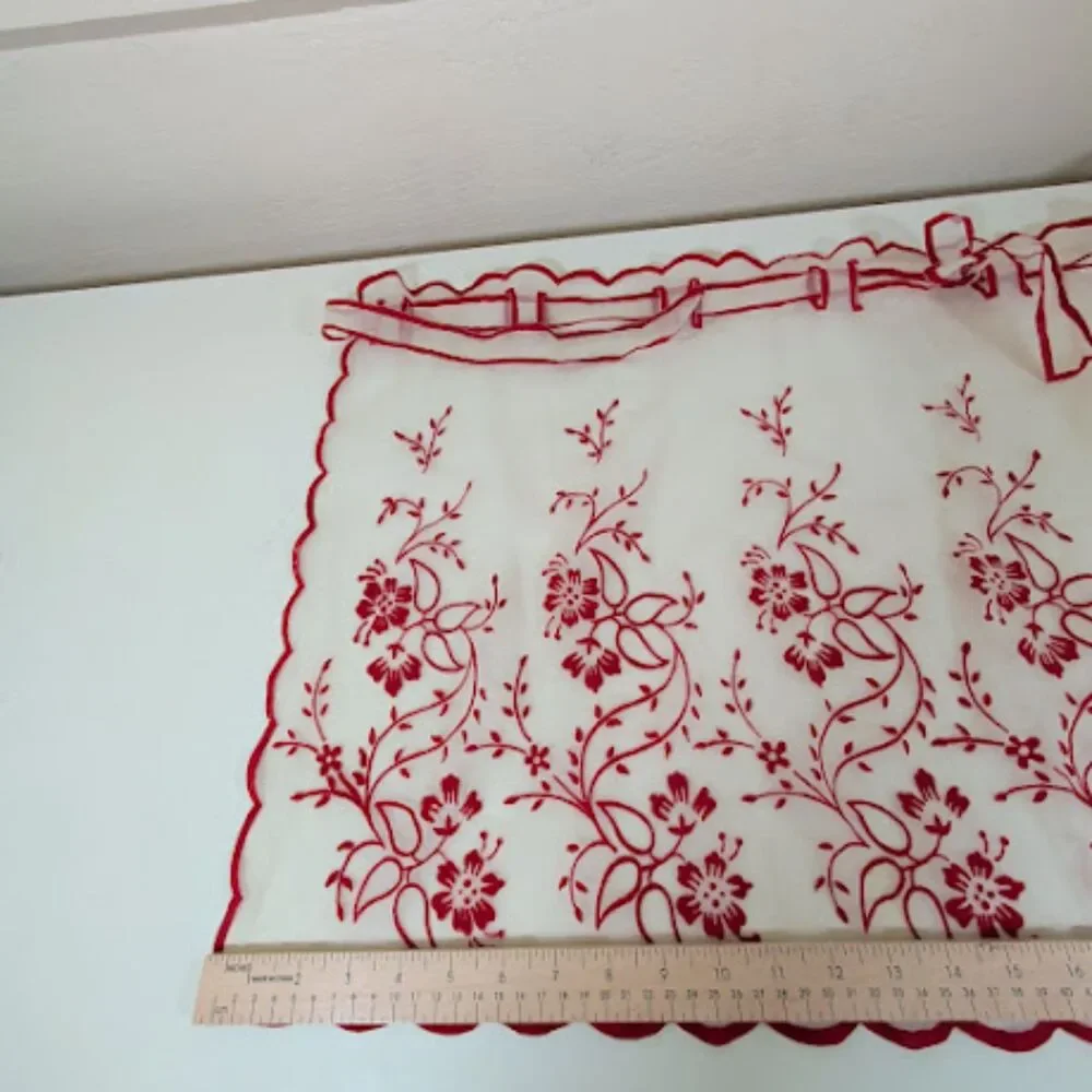 Vintage 1950s Sheer Hostess Apron – Red Floral Embroidery & Scalloped Edge